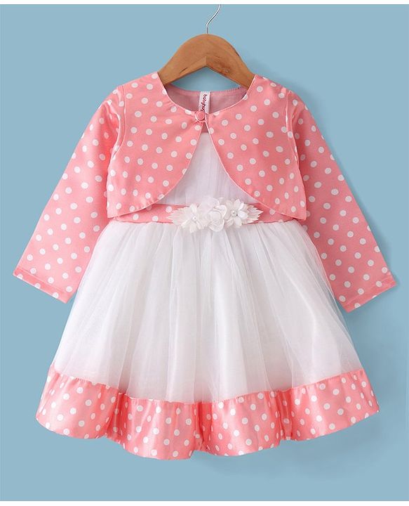 Babyhug Woven Dress With Full Sleeves Shrug Polka Dots Print - White & Peach