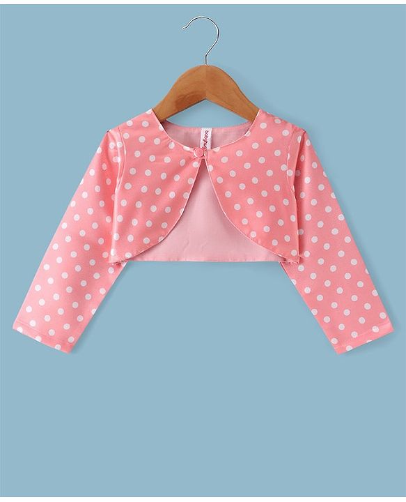 Babyhug Woven Dress With Full Sleeves Shrug Polka Dots Print - White & Peach