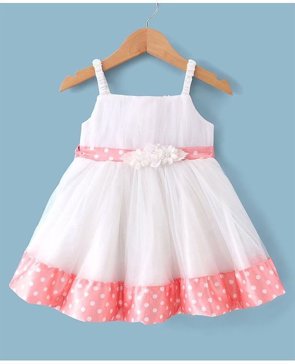 Babyhug Woven Dress With Full Sleeves Shrug Polka Dots Print - White & Peach