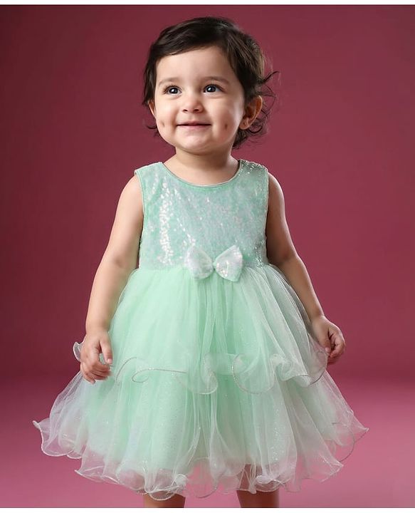 Babyhug Woven Sleeveless Fit and Flare Mesh Party Frock with Sequinned Detailing & Bow Applique -Mint