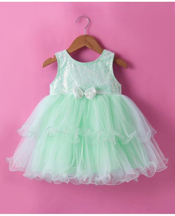Babyhug Woven Sleeveless Fit and Flare Mesh Party Frock with Sequinned Detailing & Bow Applique -Mint