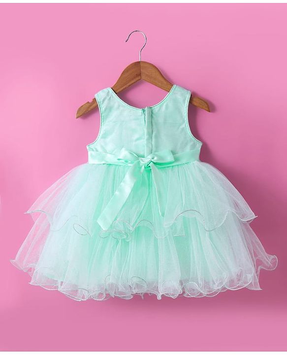 Babyhug Woven Sleeveless Fit and Flare Mesh Party Frock with Sequinned Detailing & Bow Applique -Mint