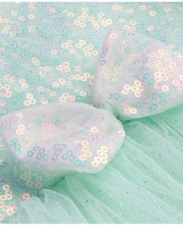 Babyhug Woven Sleeveless Fit and Flare Mesh Party Frock with Sequinned Detailing & Bow Applique -Mint