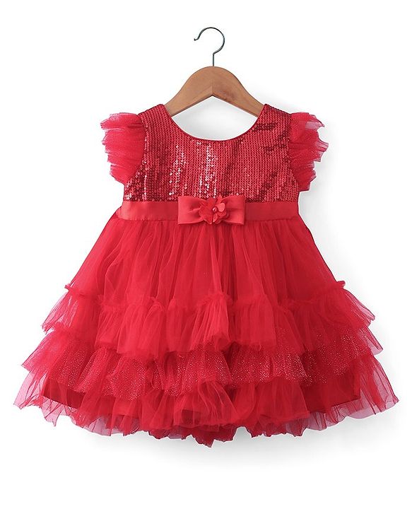 Babyhug Woven Frill Sleeves Fit & Flared Layered Mesh Party Frock with Sequined Yoke Detailing & Bow Applique - Red
