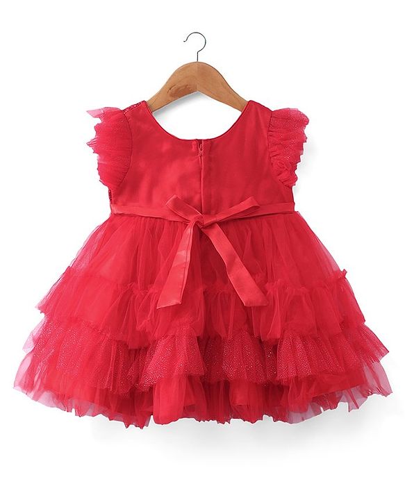 Babyhug Woven Frill Sleeves Fit & Flared Layered Mesh Party Frock with Sequined Yoke Detailing & Bow Applique - Red