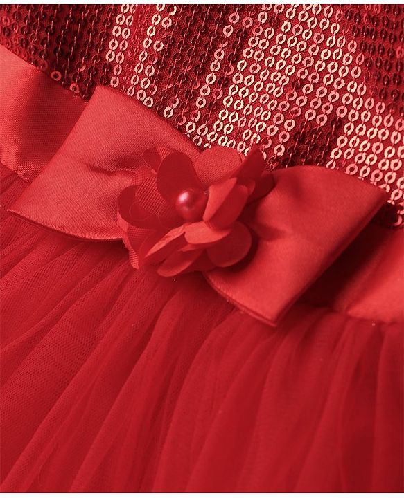 Babyhug Woven Frill Sleeves Fit & Flared Layered Mesh Party Frock with Sequined Yoke Detailing & Bow Applique - Red