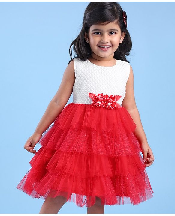 Babyhug Woven Sleeveless Fit & Flared Textured   Party Layered  Frock with Floral Applique - Red & White