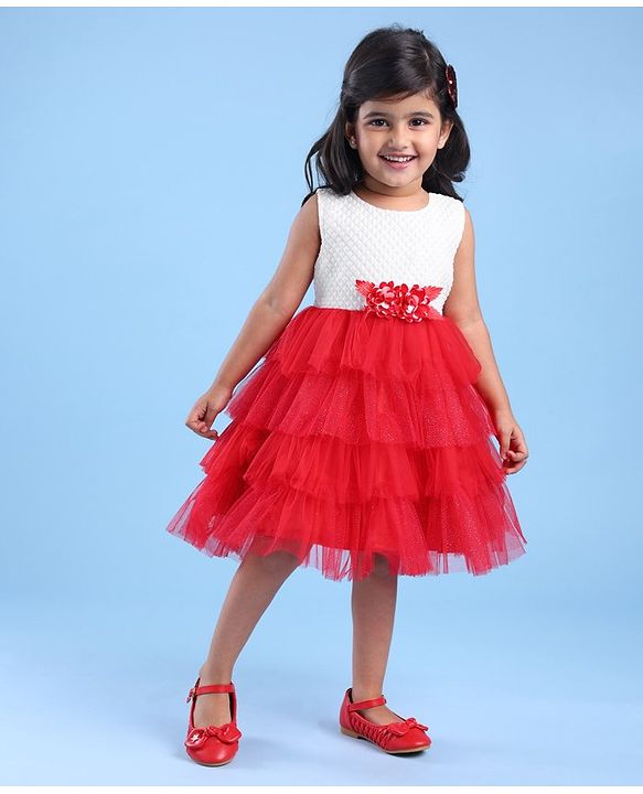 Babyhug Woven Sleeveless Fit & Flared Textured   Party Layered  Frock with Floral Applique - Red & White