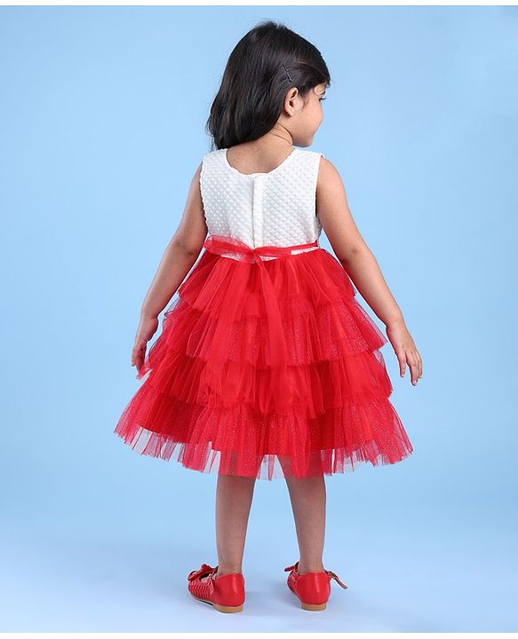Babyhug Woven Sleeveless Fit & Flared Textured   Party Layered  Frock with Floral Applique - Red & White