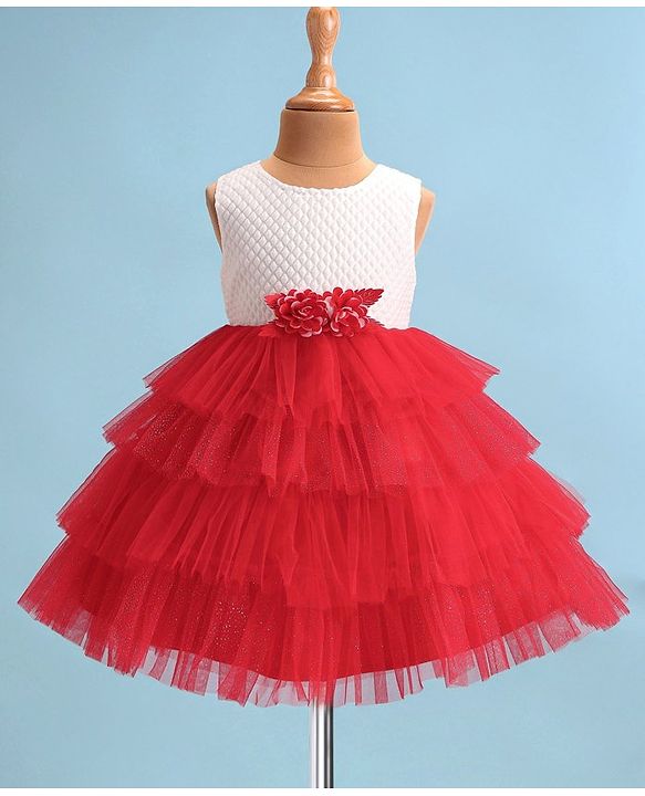 Babyhug Woven Sleeveless Fit & Flared Textured   Party Layered  Frock with Floral Applique - Red & White