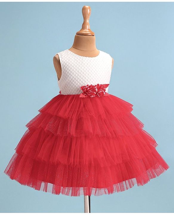 Babyhug Woven Sleeveless Fit & Flared Textured   Party Layered  Frock with Floral Applique - Red & White