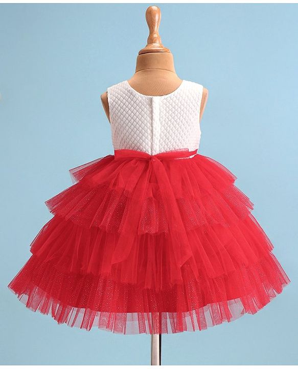 Babyhug Woven Sleeveless Fit & Flared Textured   Party Layered  Frock with Floral Applique - Red & White