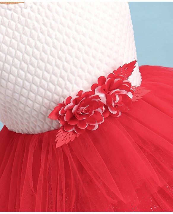 Babyhug Woven Sleeveless Fit & Flared Textured   Party Layered  Frock with Floral Applique - Red & White