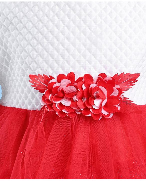 Babyhug Woven Sleeveless Fit & Flared Textured   Party Layered  Frock with Floral Applique - Red & White