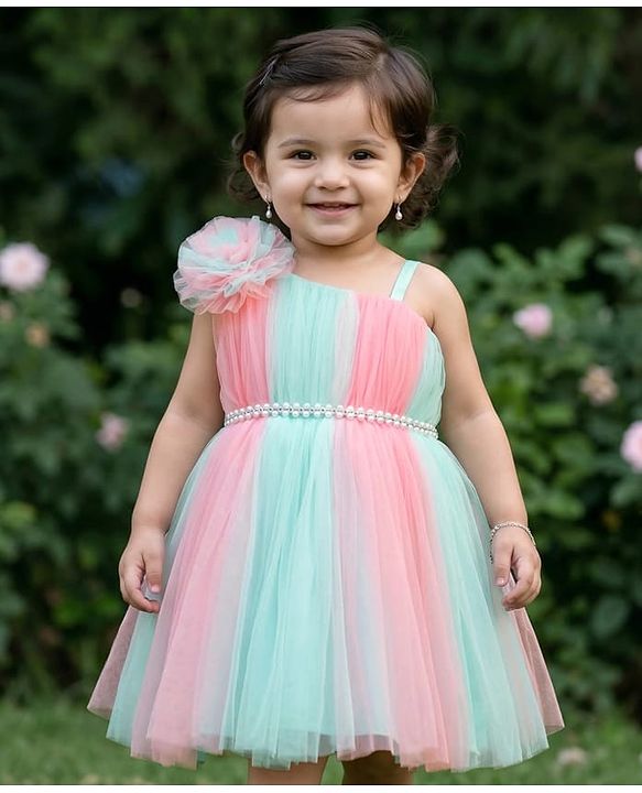 Babyhug  Woven Sleeveless Fit & Flared Party Frock with Self Floral Corsage  & Pearl  Detailing - Pink & Blue