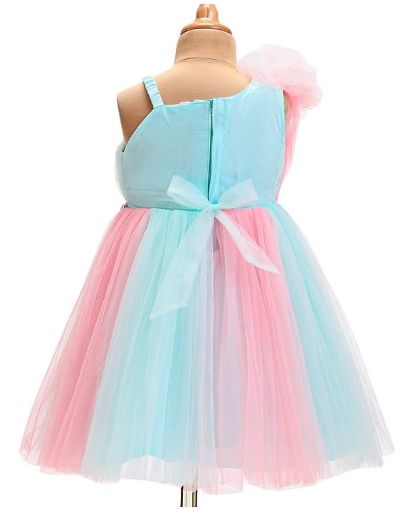 Babyhug  Woven Sleeveless Fit & Flared Party Frock with Self Floral Corsage  & Pearl  Detailing - Pink & Blue