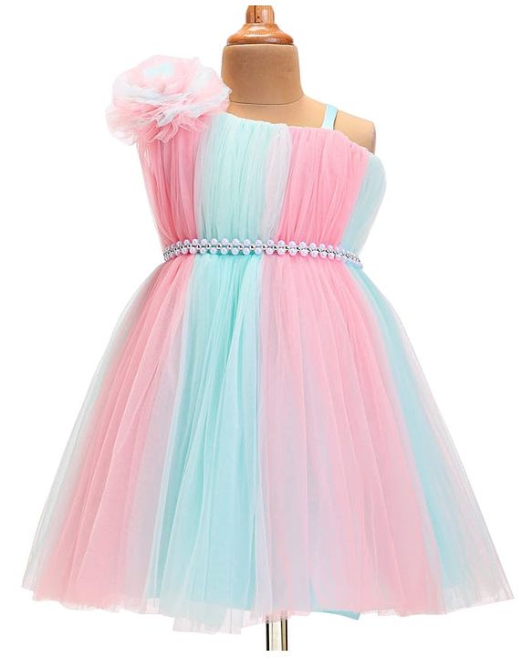 Babyhug  Woven Sleeveless Fit & Flared Party Frock with Self Floral Corsage  & Pearl  Detailing - Pink & Blue