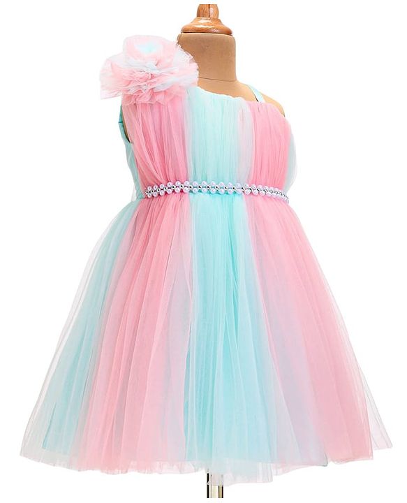 Babyhug  Woven Sleeveless Fit & Flared Party Frock with Self Floral Corsage  & Pearl  Detailing - Pink & Blue