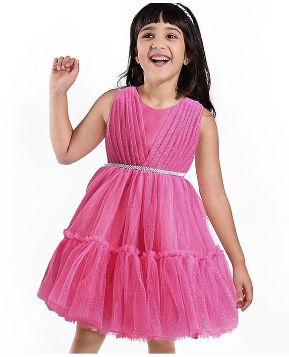 Babyhug Woven Sleeveless Party Dress With Glitter Print - Dark Pink