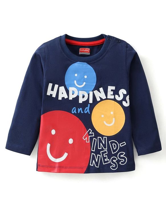 Babyhug Cotton Knit Full Sleeves T-Shirt With Text & Emoticons Print - Navy