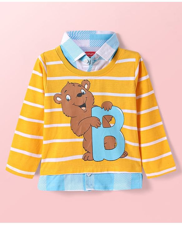 Babyhug Cotton Knit Full Sleeves Polo Overlapped T-Shirt with Stripes & Bear Print - Yellow