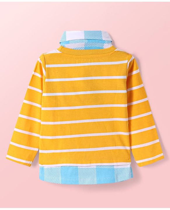Babyhug Cotton Knit Full Sleeves Polo Overlapped T-Shirt with Stripes & Bear Print - Yellow