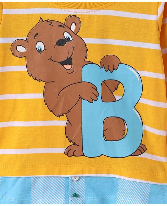 Babyhug Cotton Knit Full Sleeves Polo Overlapped T-Shirt with Stripes & Bear Print - Yellow