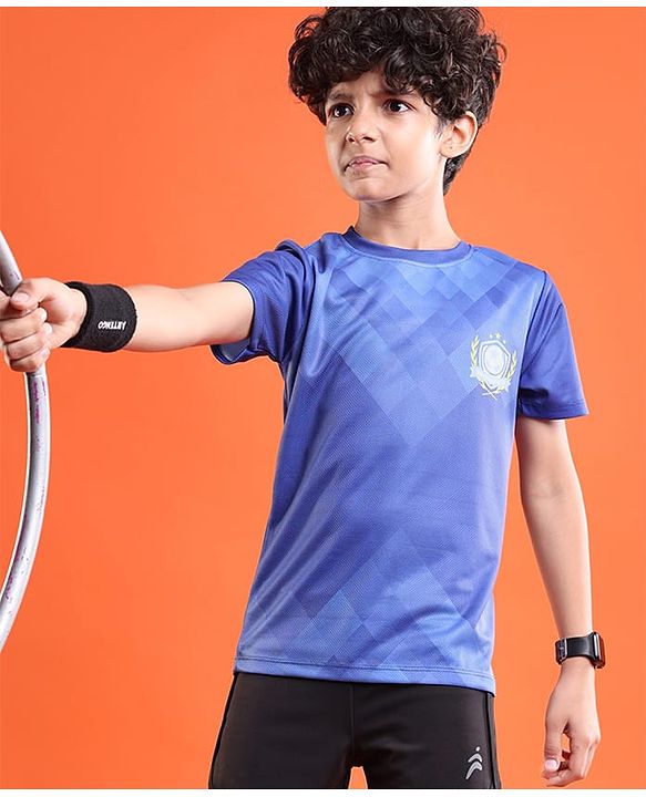 Pine Active Knitted Half Sleeves T-shirt With Football Logo - Blue