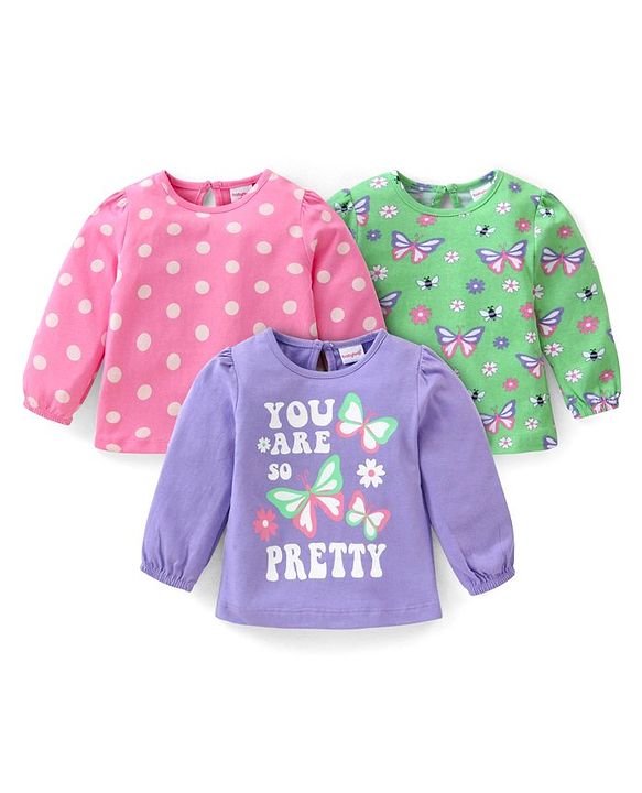 Babyhug Cotton Knit Full Sleeves Tops with Polka Dots  & Butterfly Graphics Pack of 3 - Pink Green & Purple