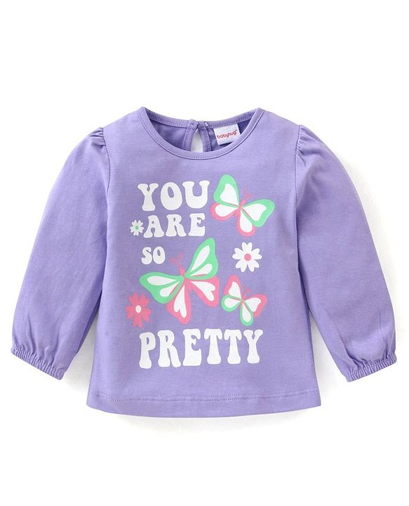 Babyhug Cotton Knit Full Sleeves Tops with Polka Dots  & Butterfly Graphics Pack of 3 - Pink Green & Purple