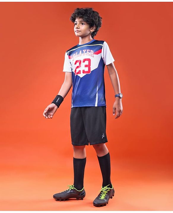Pine Active Knitted Half Sleeves T-Shirt with Text & Number Print - Blue