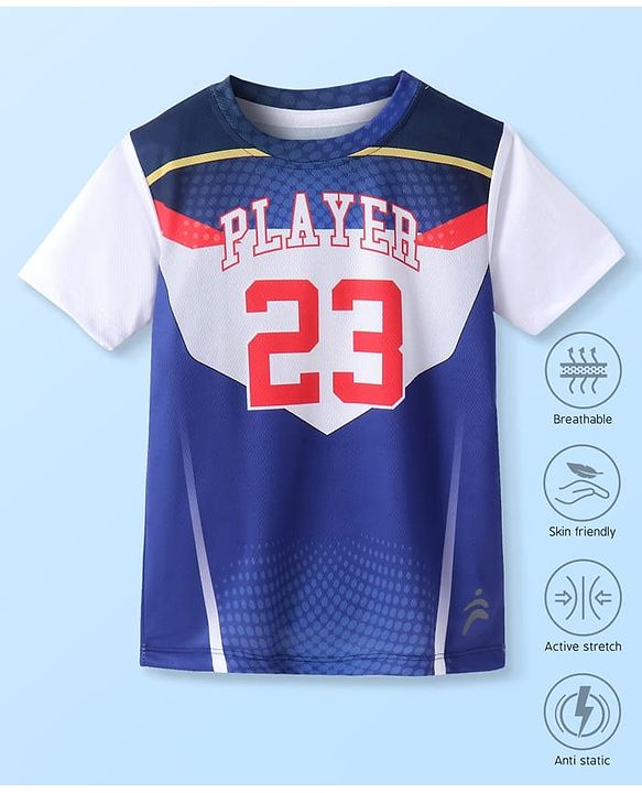 Pine Active Knitted Half Sleeves T-Shirt with Text & Number Print - Blue