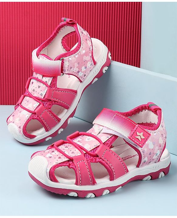 Cute Walk by Babyhug Velcro Closure Sandals with Hearts & Glitter Print - Fuchsia
