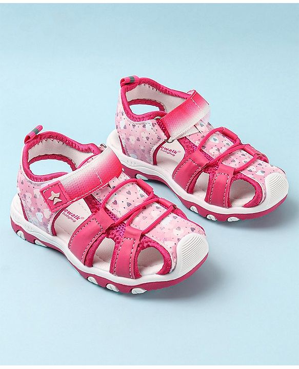Cute Walk by Babyhug Velcro Closure Sandals with Hearts & Glitter Print - Fuchsia