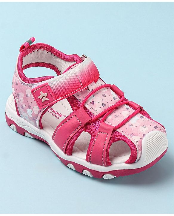 Cute Walk by Babyhug Velcro Closure Sandals with Hearts & Glitter Print - Fuchsia