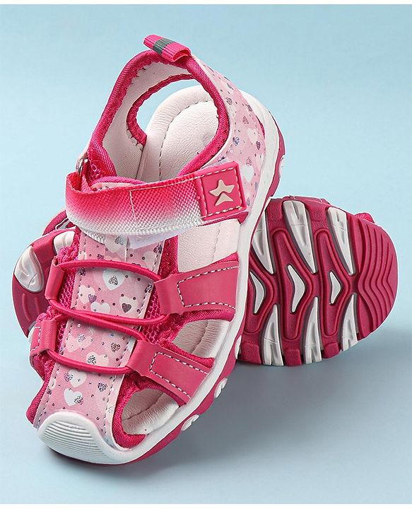 Cute Walk by Babyhug Velcro Closure Sandals with Hearts & Glitter Print - Fuchsia