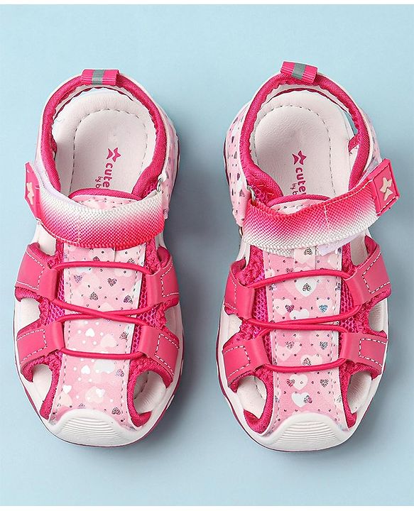 Cute Walk by Babyhug Velcro Closure Sandals with Hearts & Glitter Print - Fuchsia
