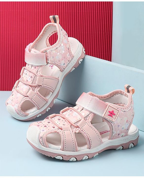 Cute Walk by Babyhug Velcro Closure Sandals with Hearts & Glitter Print - Fuchsia