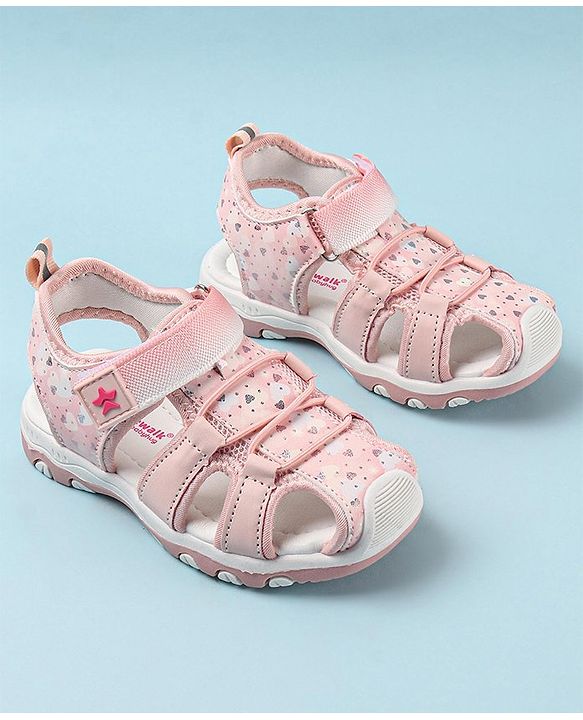 Cute Walk by Babyhug Velcro Closure Sandals with Hearts & Glitter Print - Fuchsia