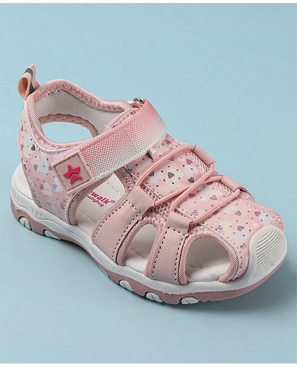 Cute Walk by Babyhug Velcro Closure Sandals with Hearts & Glitter Print - Fuchsia