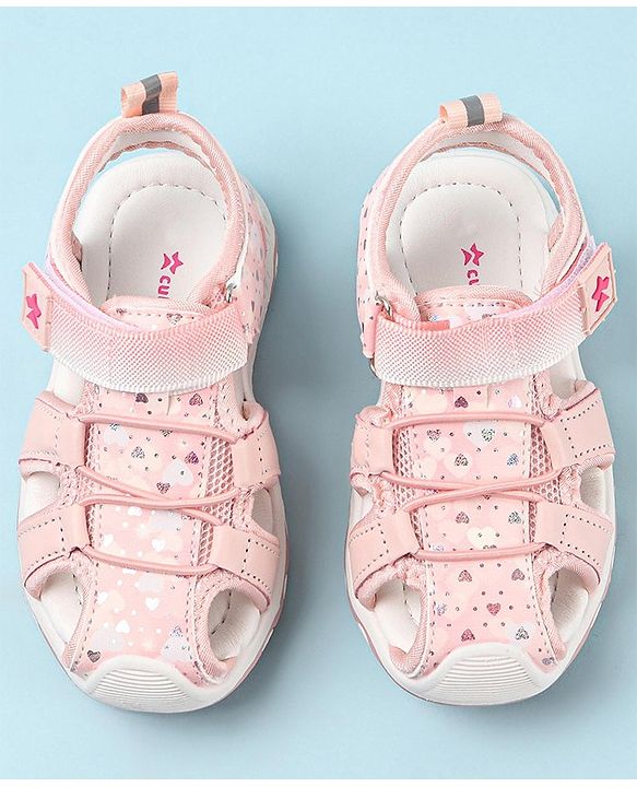 Cute Walk by Babyhug Velcro Closure Sandals with Hearts & Glitter Print - Fuchsia