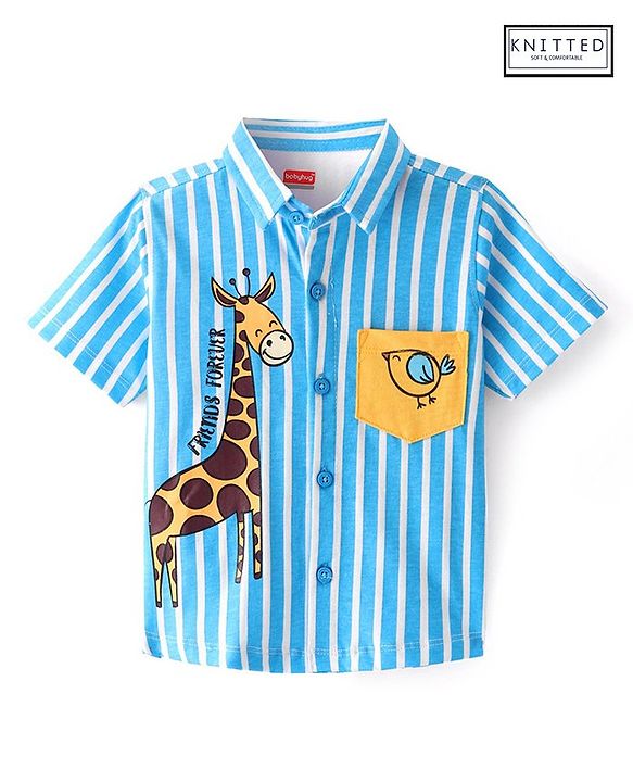Babyhug Cotton Knit  Half Sleeves Striped Shirt with Giraffe Print - Blue