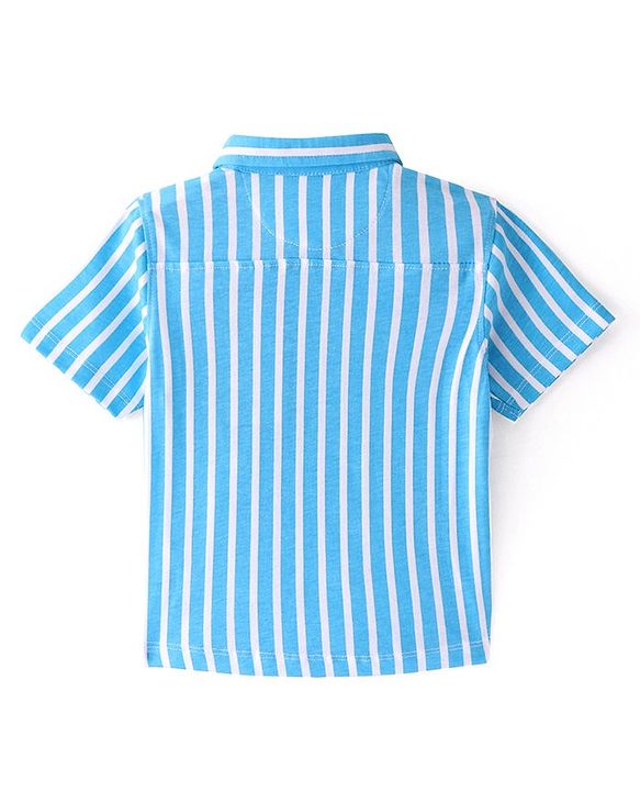 Babyhug Cotton Knit  Half Sleeves Striped Shirt with Giraffe Print - Blue