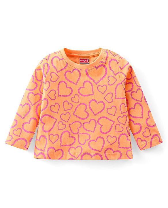 Babyhug Cotton Knit Full Sleeves Night Suit With Hearts Print - Orange