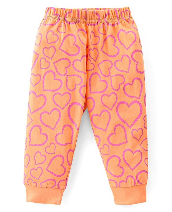 Babyhug Cotton Knit Full Sleeves Night Suit With Hearts Print - Orange