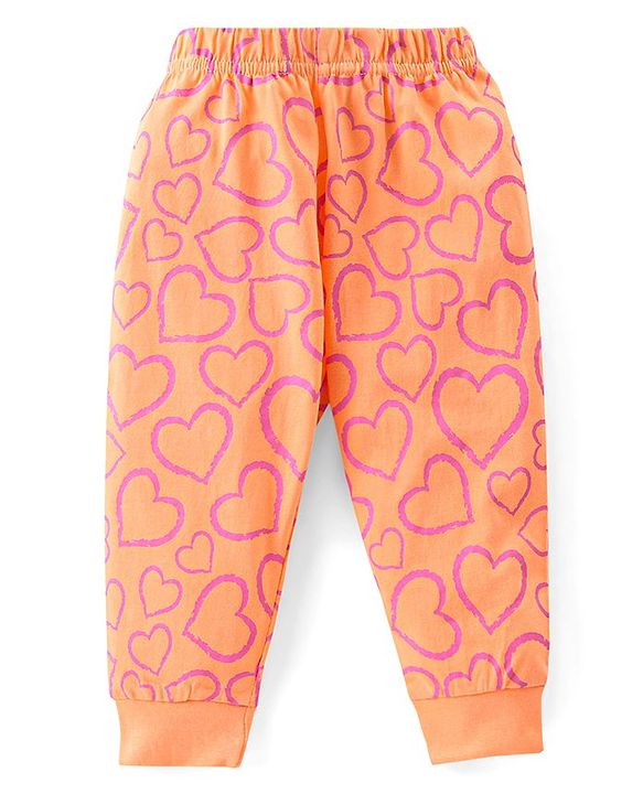 Babyhug Cotton Knit Full Sleeves Night Suit With Hearts Print - Orange