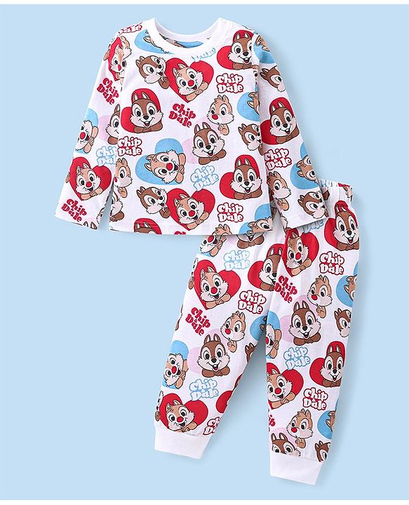 Babyhug Disney Cotton Knit Full Sleeves Night Suit With Chip 'n Dale Print - White