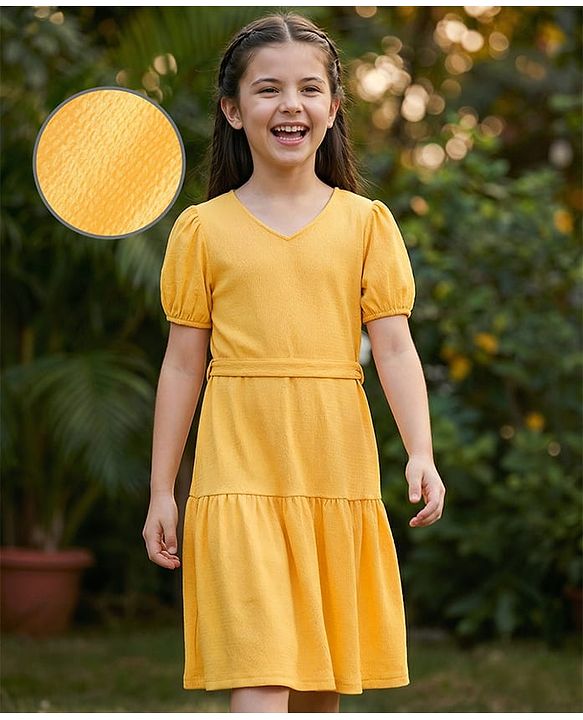 Pine Kids Woven Puffed Sleeves Solid Color Frock - Yellow