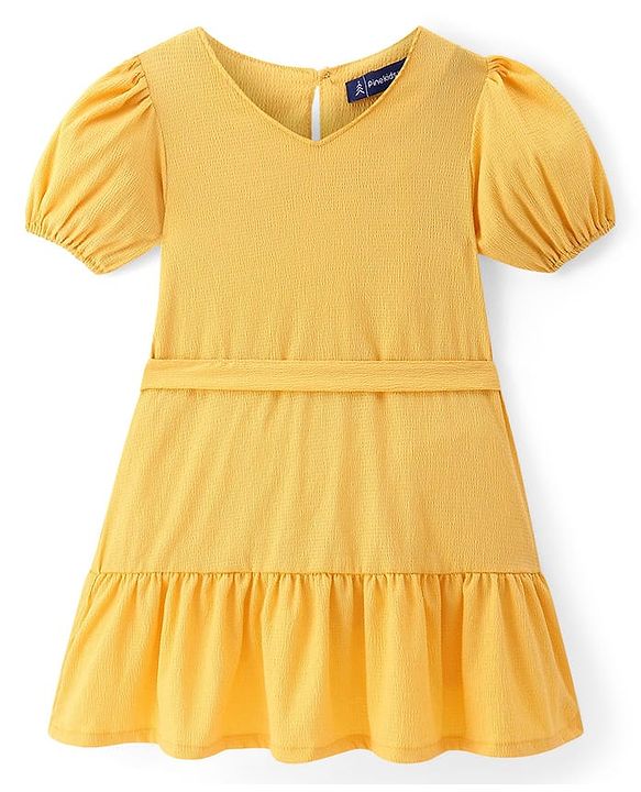 Pine Kids Woven Puffed Sleeves Solid Color Frock - Yellow