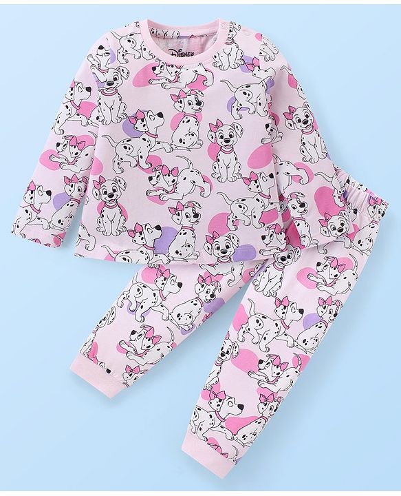 Babyhug Disney Single Jersey Knit Full Sleeves Night Suit With 101 Dalmatians Print - Light Pink